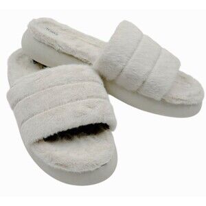 TOMS Faux Fur Quilted Slide Slippers Ivory Cozy Indoor Glam House Shoes 11